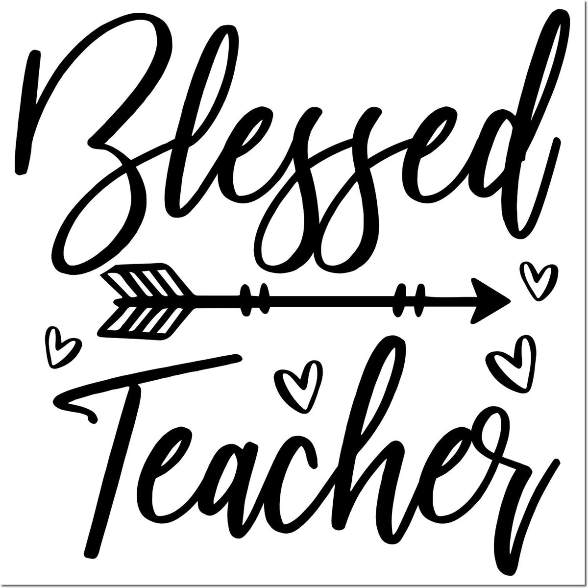 Black Blessed Teacher rubber stamp design with arrow and heart accents on a white background.