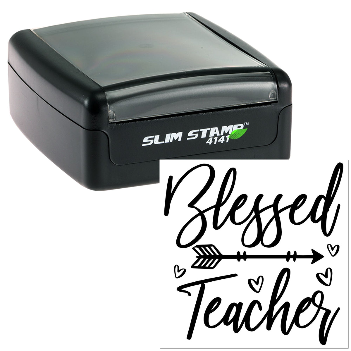 Black Slim Stamp 4141 self-inking stamp with green leaf logo and a white seal reading Blessed Teacher in script.