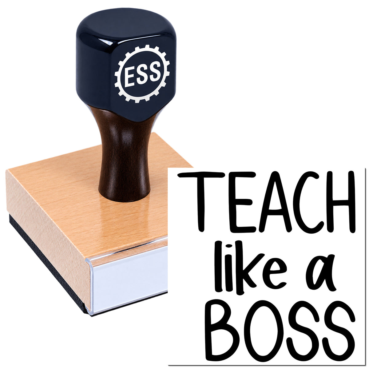 Black ESS custom rubber stamp on pink sealing block, with "TEACH like a BOSS" lettering.