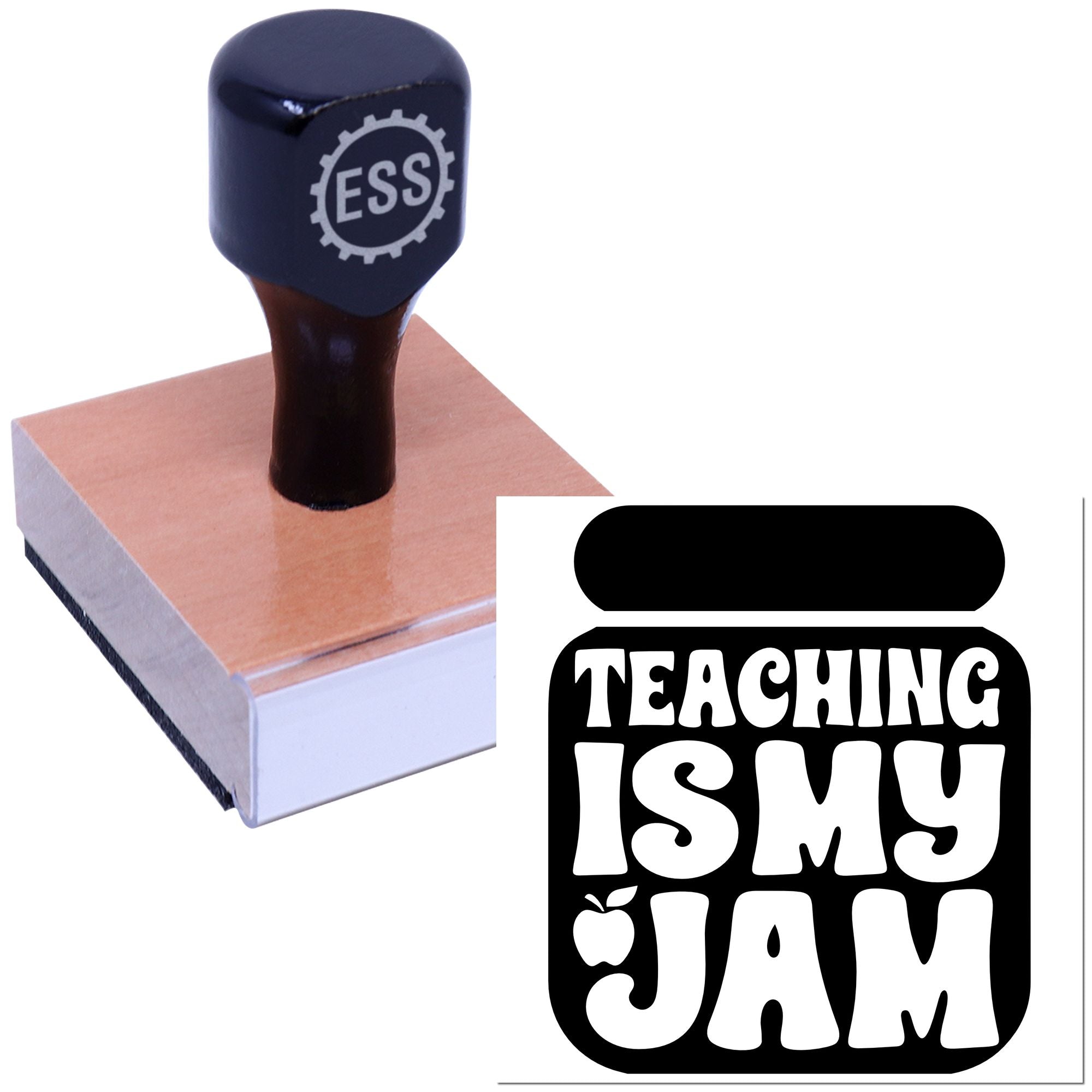 Navy blue ESSL stamp on ink pad beside black Teaching Is My Jam seal with apple icon.