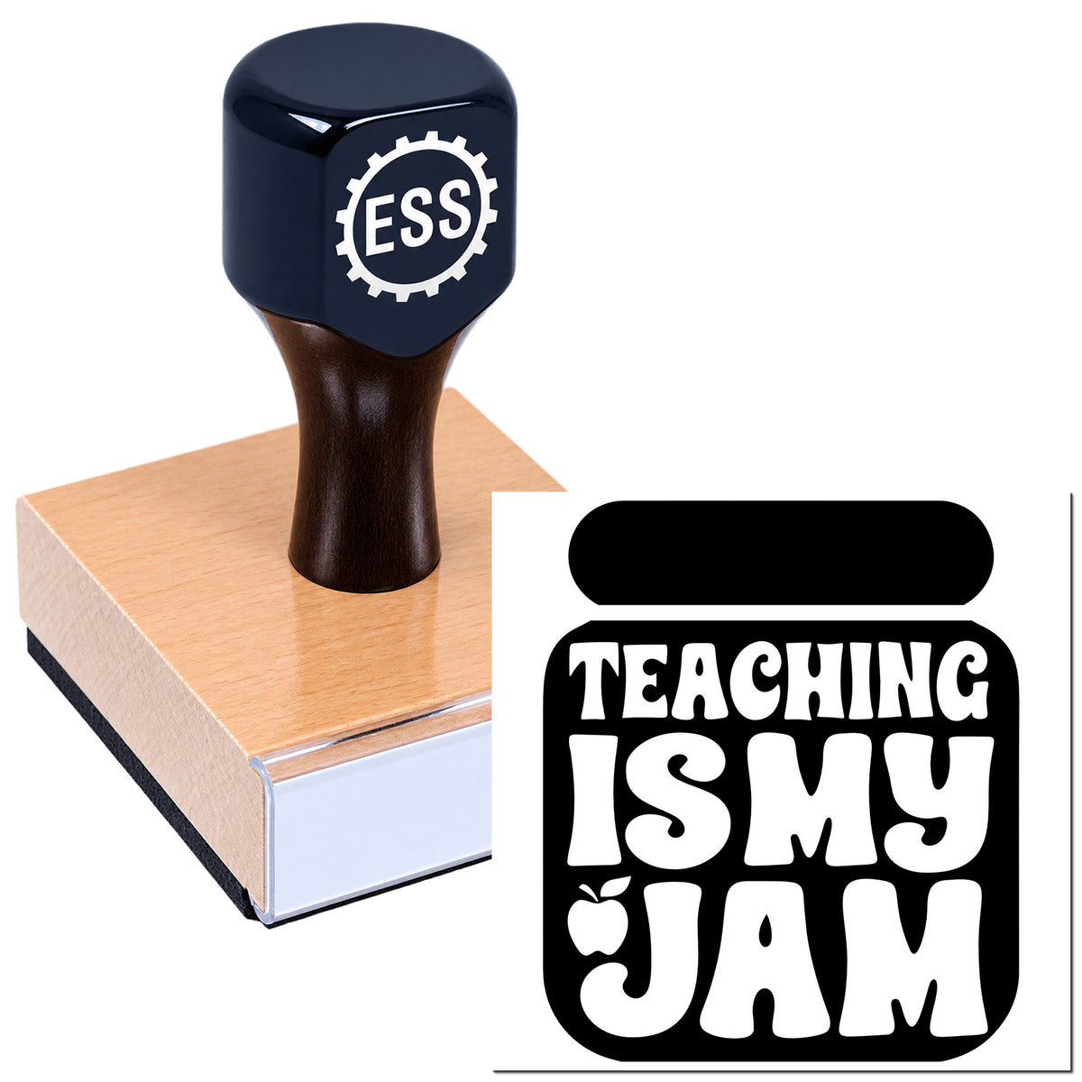 Navy blue ESSL stamp on ink pad beside black Teaching Is My Jam seal with apple icon.