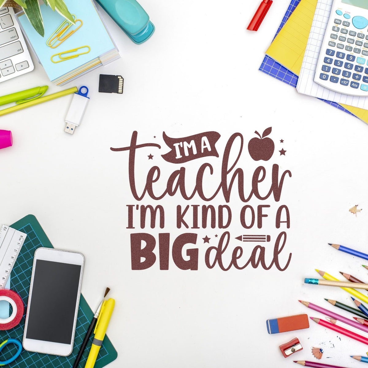 Brown teacher stamp and seal design with apple icon, surrounded by colorful school supplies on a white background.