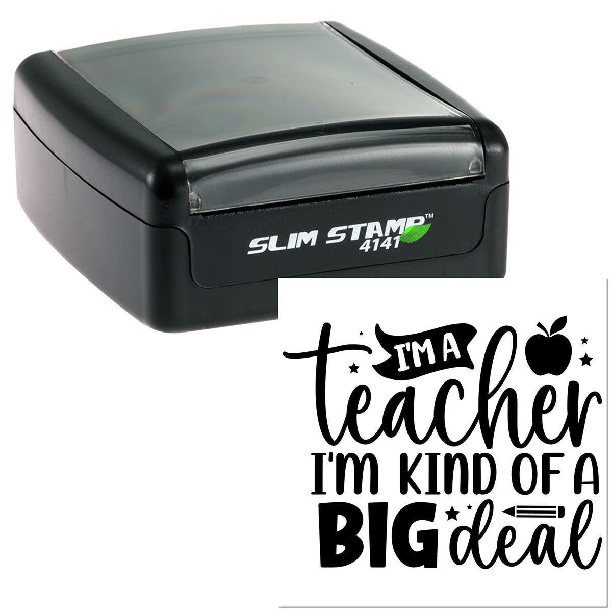 Black slim self-inking stamp with transparent cover beside bold black teacher seal design on white background.