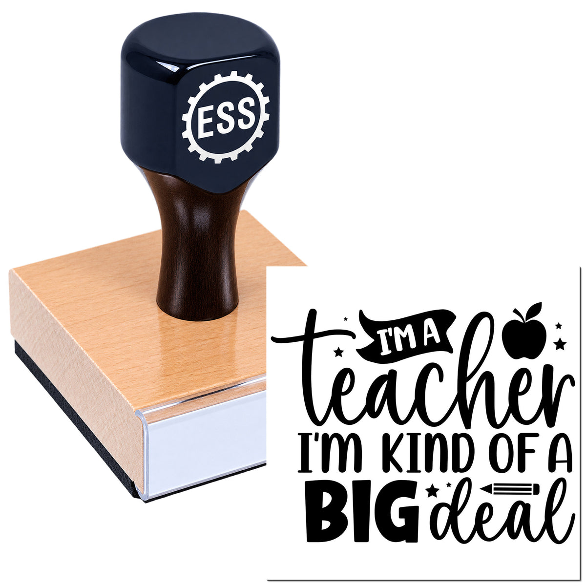 Navy self-inking stamp on a pink wooden base with ESS logo and black teacher-themed custom seal design.