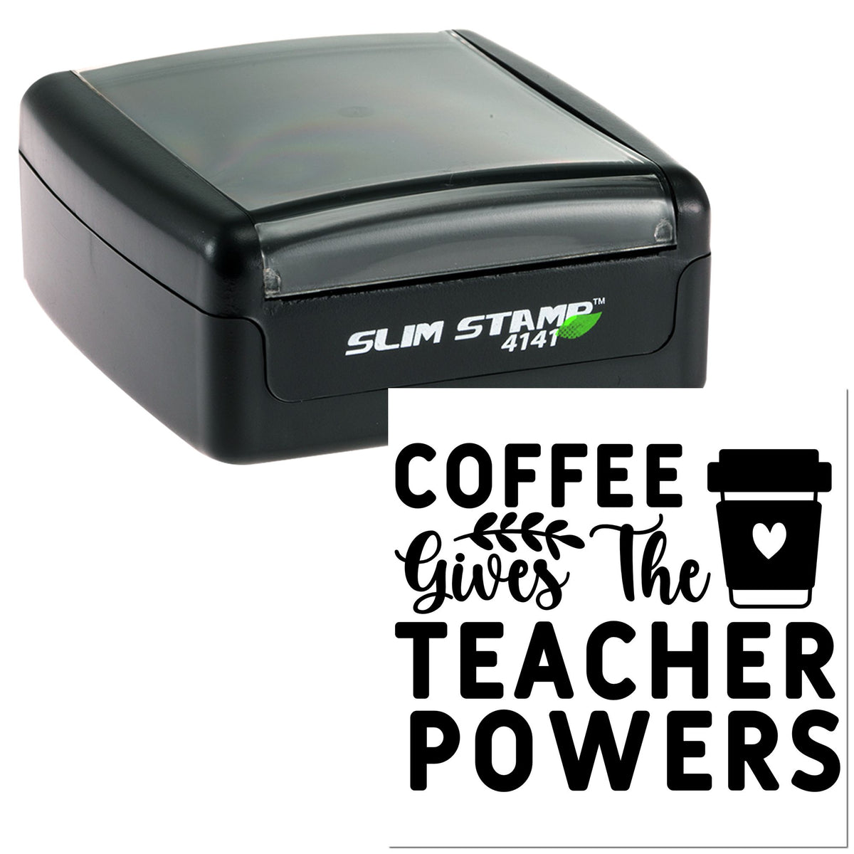 Black self-inking Slim Stamp 4141 with coffee teacher seal design and cup icon on white background.