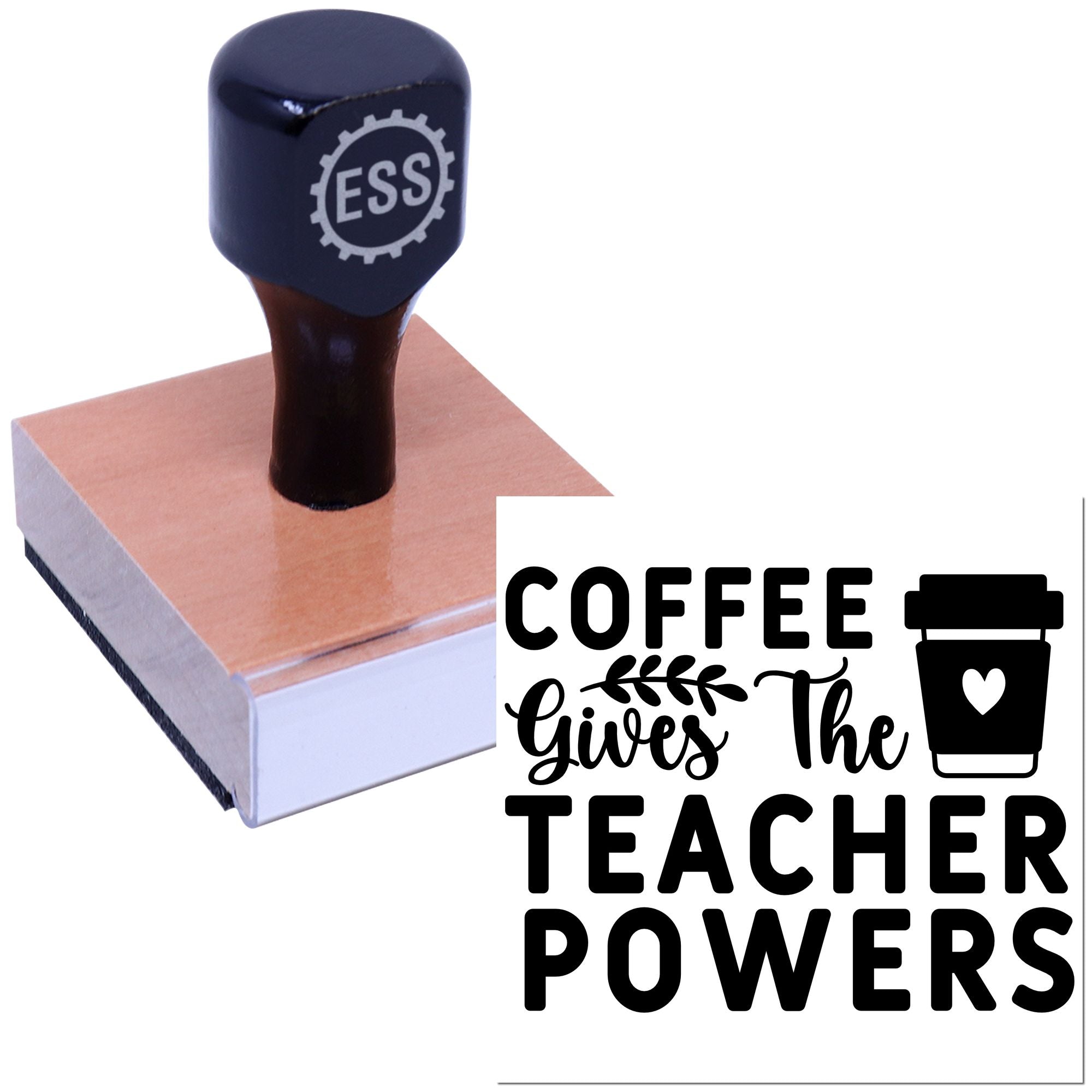 Dark navy ESS rubber stamp on copper block, with coffee-cup seal reading Coffee Gives the Teacher Powers.
