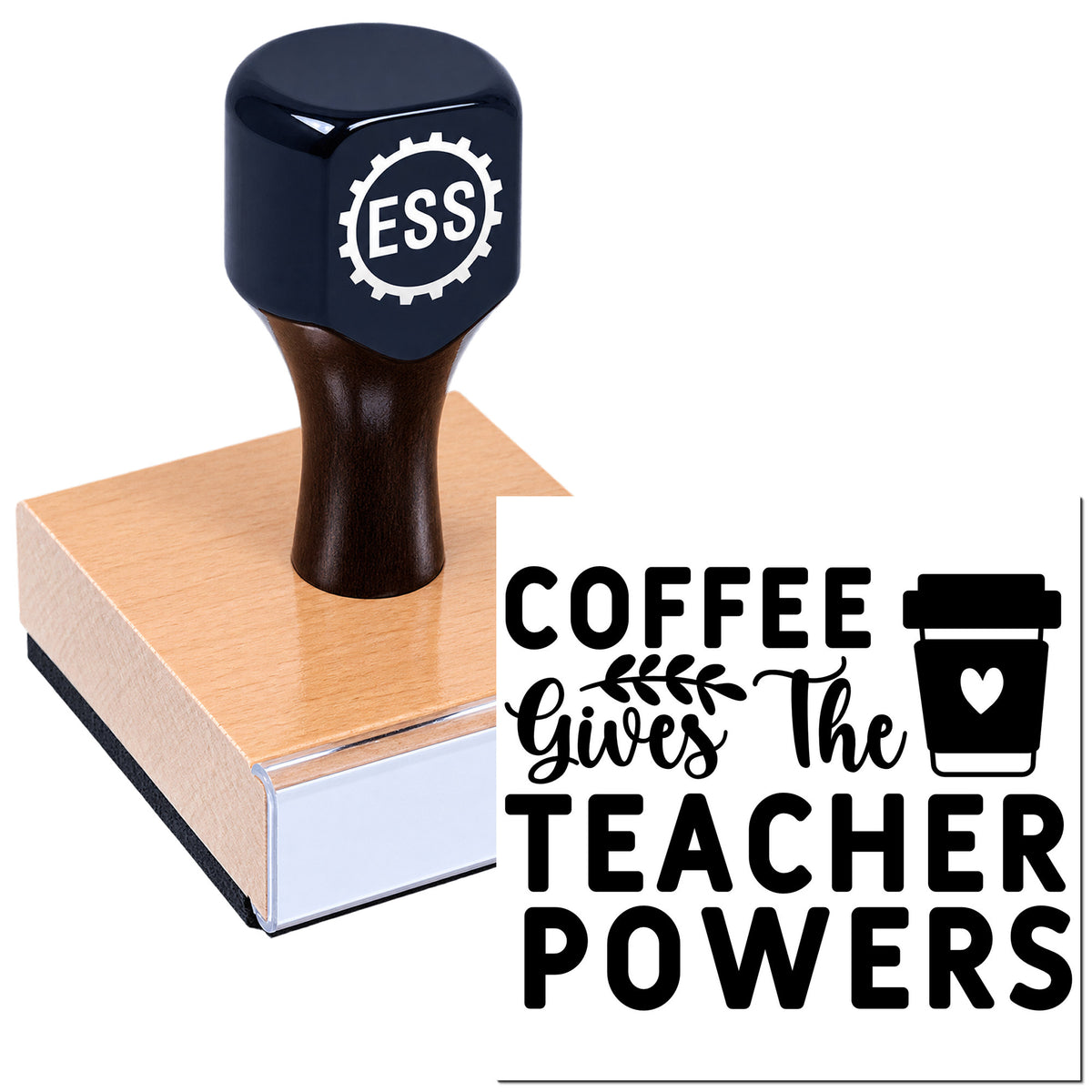 Dark navy ESS rubber stamp on copper block, with coffee-cup seal reading "Coffee Gives the Teacher Powers."