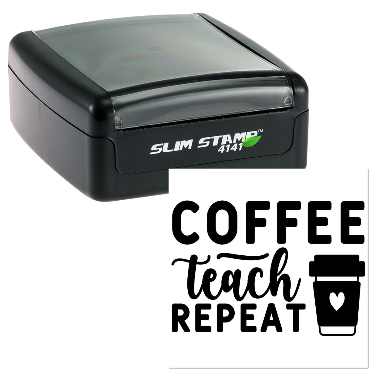 Black Slim Stamp 4141 self-inking seal with Coffee Teach Repeat design and takeaway cup icon on white background