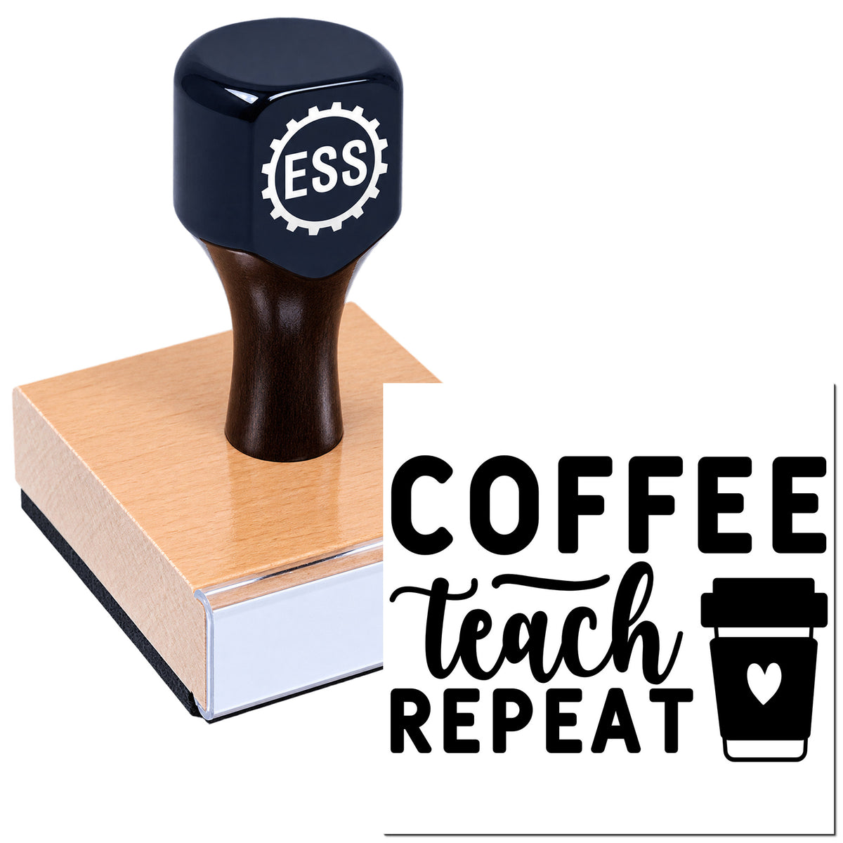 Navy black rubber stamp and seal on a pink wooden block beside bold black COFFEE Teach Repeat design and cup icon