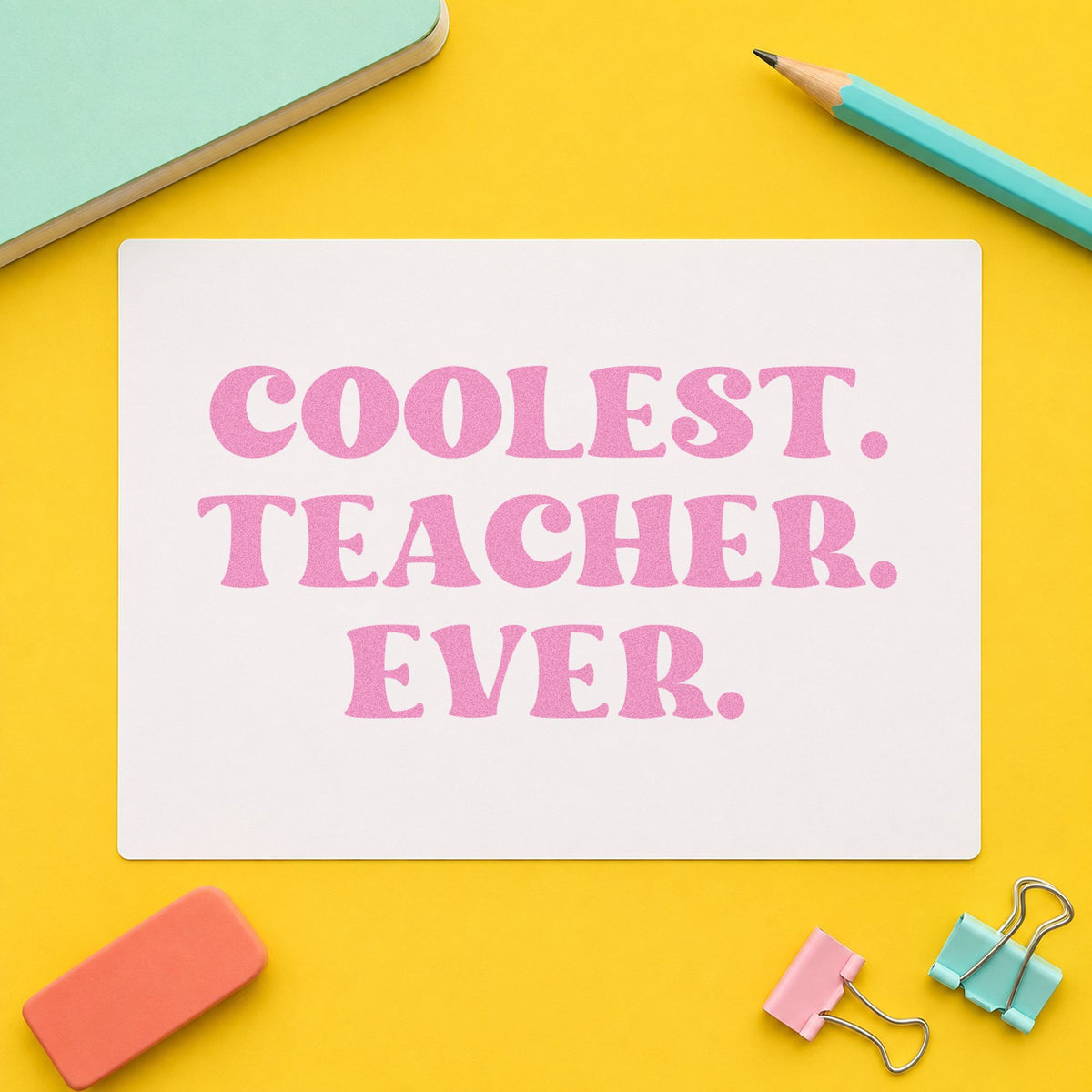 Coolest Teacher Ever craft stamp in purple ink on cardstock, an easy option for vote result tags.