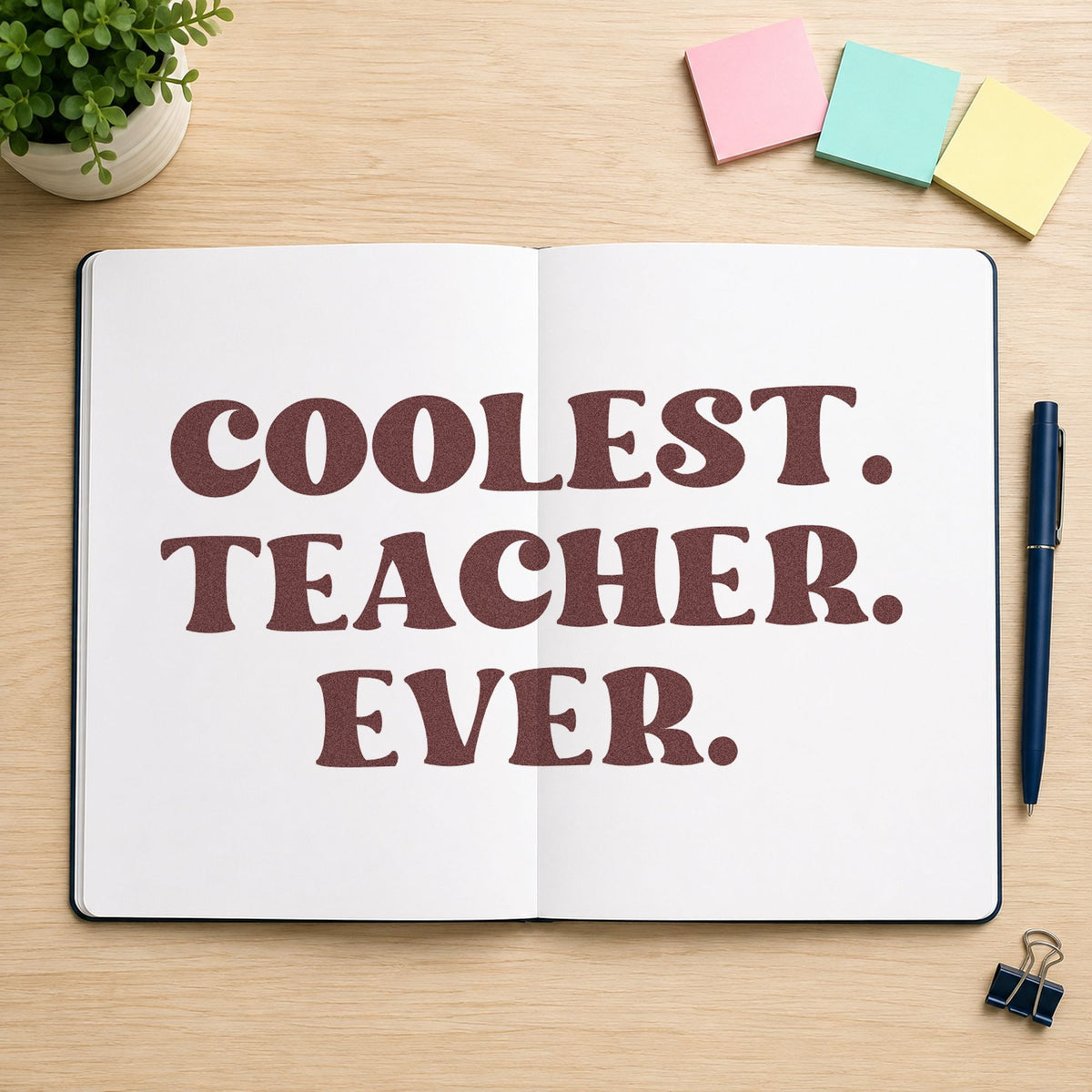 Coolest Teacher Ever rubber stamp printed in brown ink, ready for sticker tub labels and similar paper crafts.