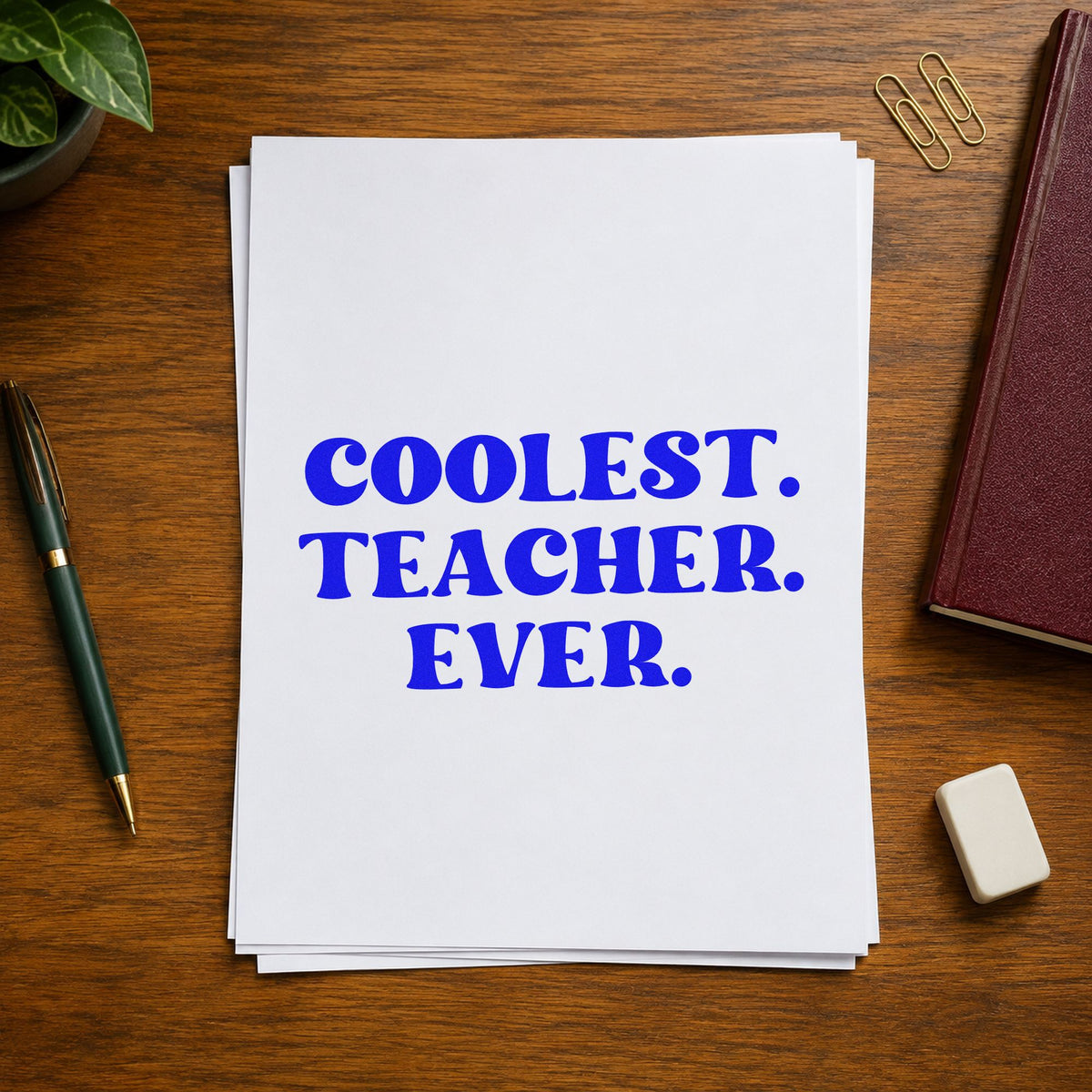 Coolest Teacher Ever craft stamp in blue ink on cardstock, an easy option for varsity tee panels.