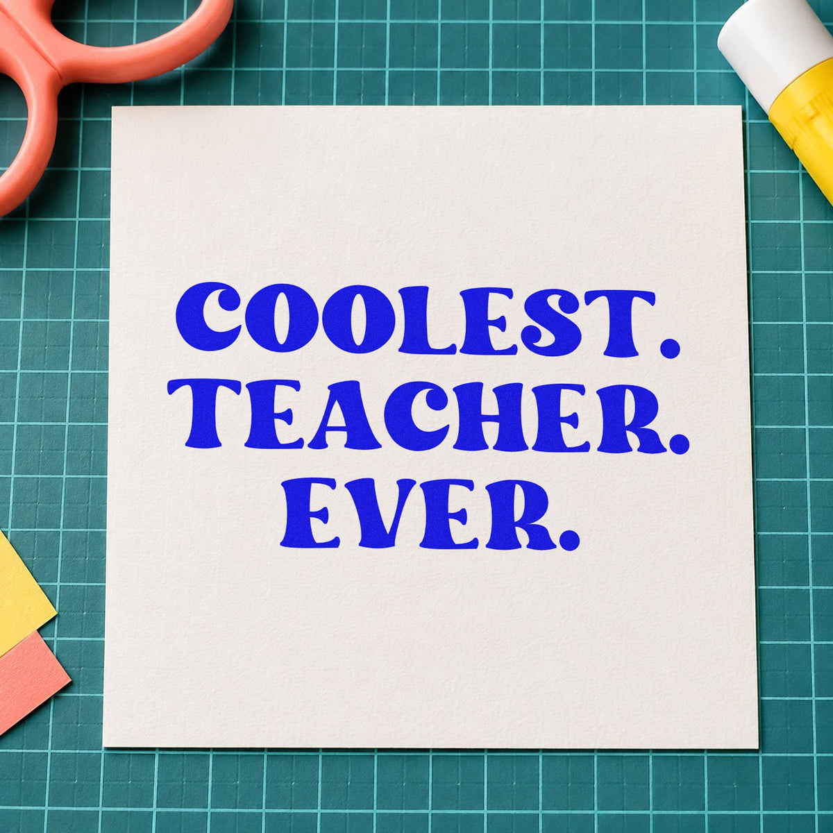Coolest Teacher Ever craft stamp imprinted in blue ink on paper, a design suited to locker door seals.