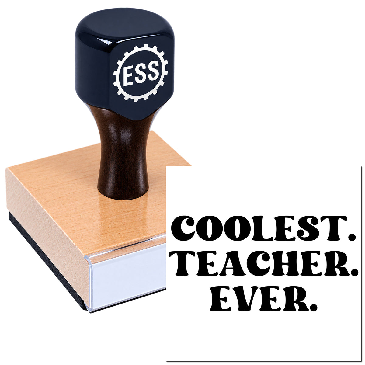 Dark blue ESS stamp and seal on a pink block, with bold black "COOLEST. TEACHER. EVER." text.