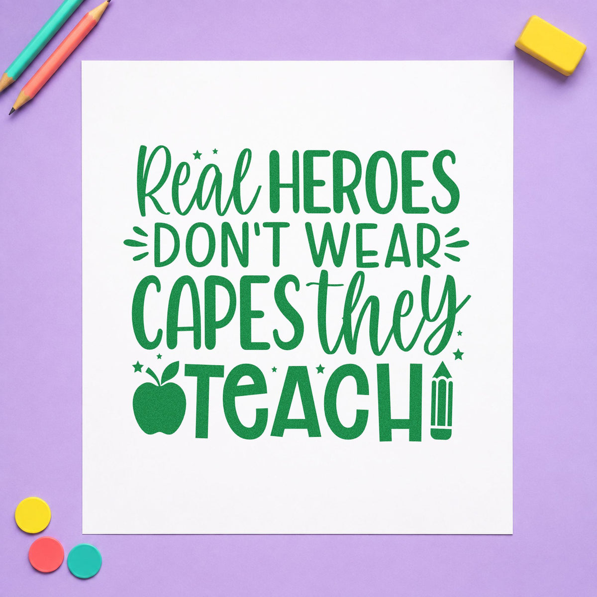 Real Heroes Teach craft stamp imprint in green ink on a handmade project, one idea being assembly slide pages.