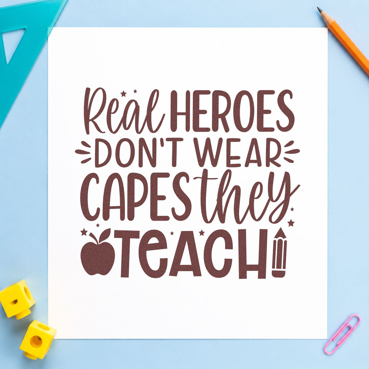 Real Heroes Teach rubber stamp printed in brown ink, ready for kit bag labels and similar paper crafts.