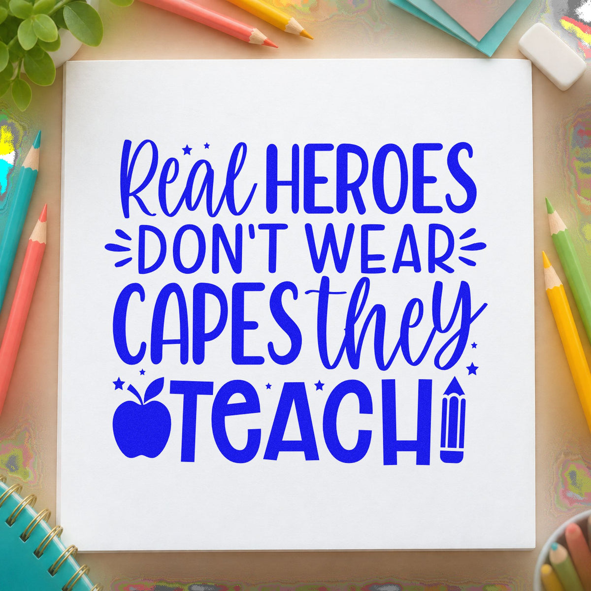 Real Heroes Teach craft stamp in blue ink on cardstock, an easy option for lanyard strip panels.