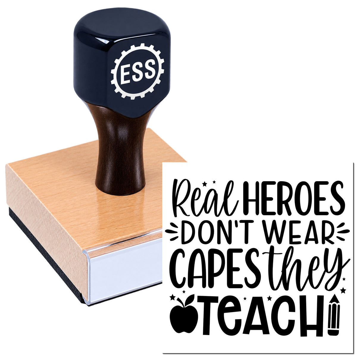Black ESS rubber stamp on pink seal block with "Real heroes don't wear capes, they TEACH!" text.