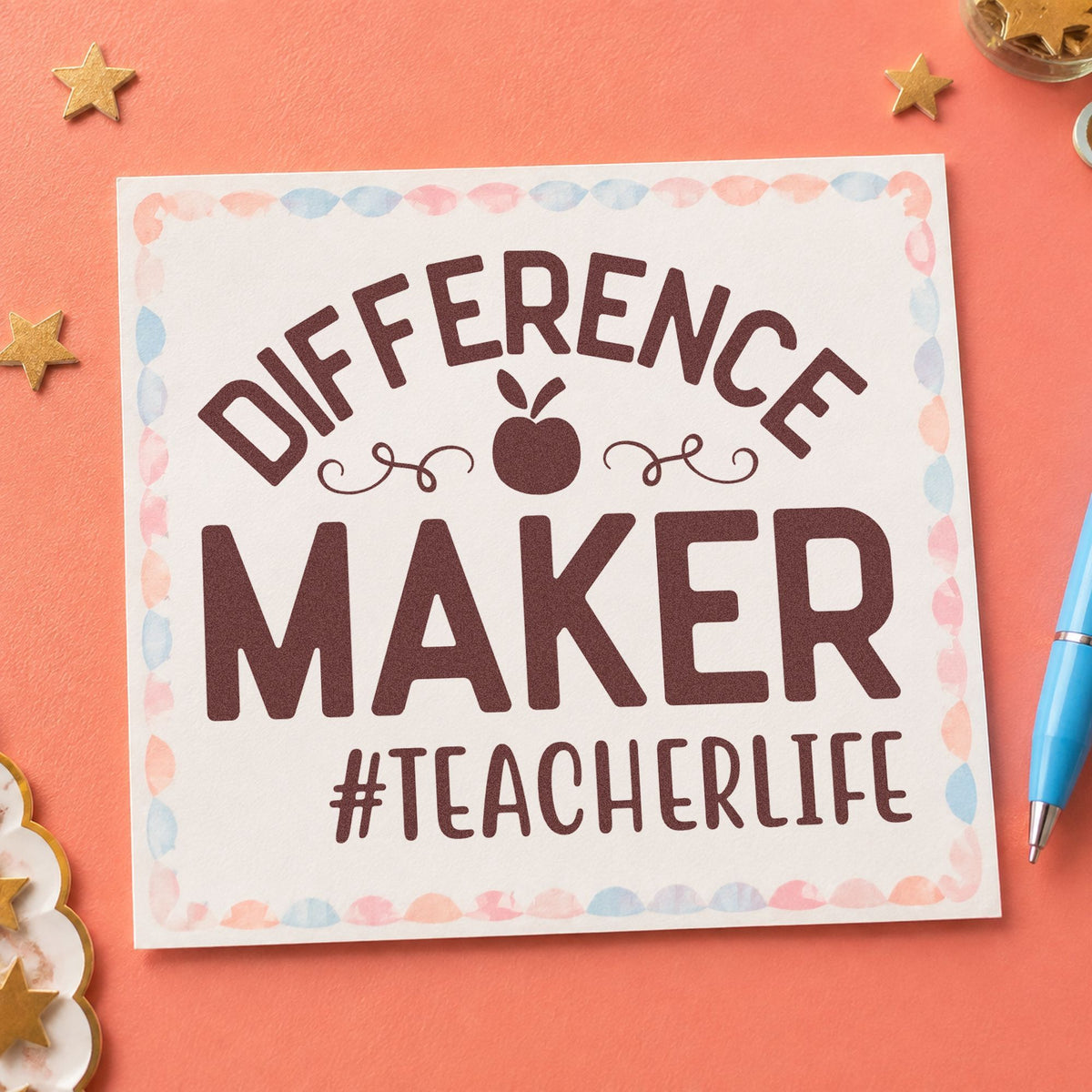 Difference Maker Teacher Life rubber stamp printed in brown ink, ready for pin backing labels and similar paper crafts.
