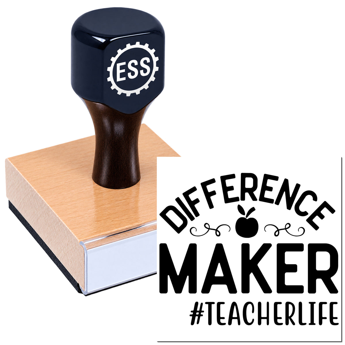 Dark navy self-inking stamp and seal block with ESS logo, plus bold black "Difference Maker #TeacherLife" text.