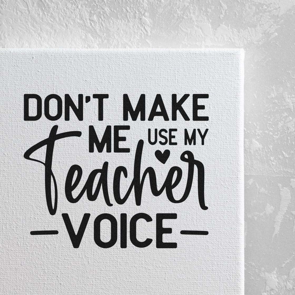 Black teacher voice stamp seal on white textured canvas with heart accent and bold lettering.