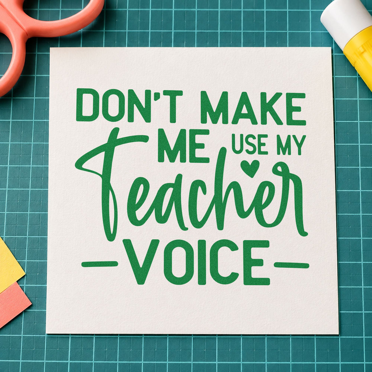 Use My Teacher Voice craft stamp imprint in green ink on a handmade project, one idea being framed corridor sign.