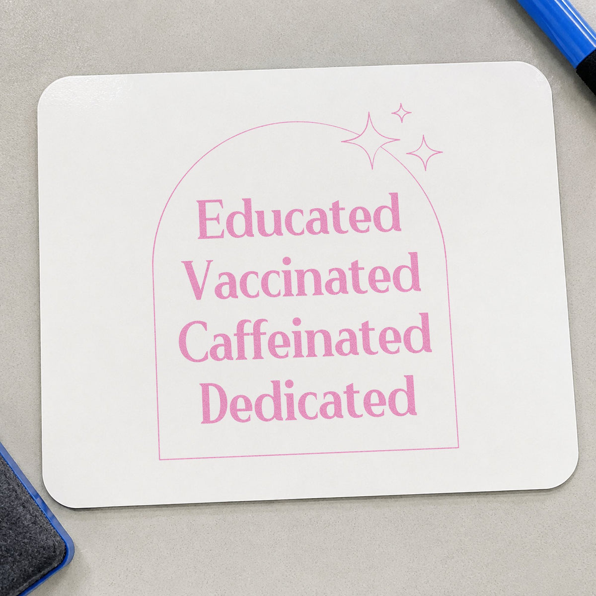 Educated Vaccinated Caffeinated Dedicated craft stamp in purple ink on cardstock, an easy option for values board tags.
