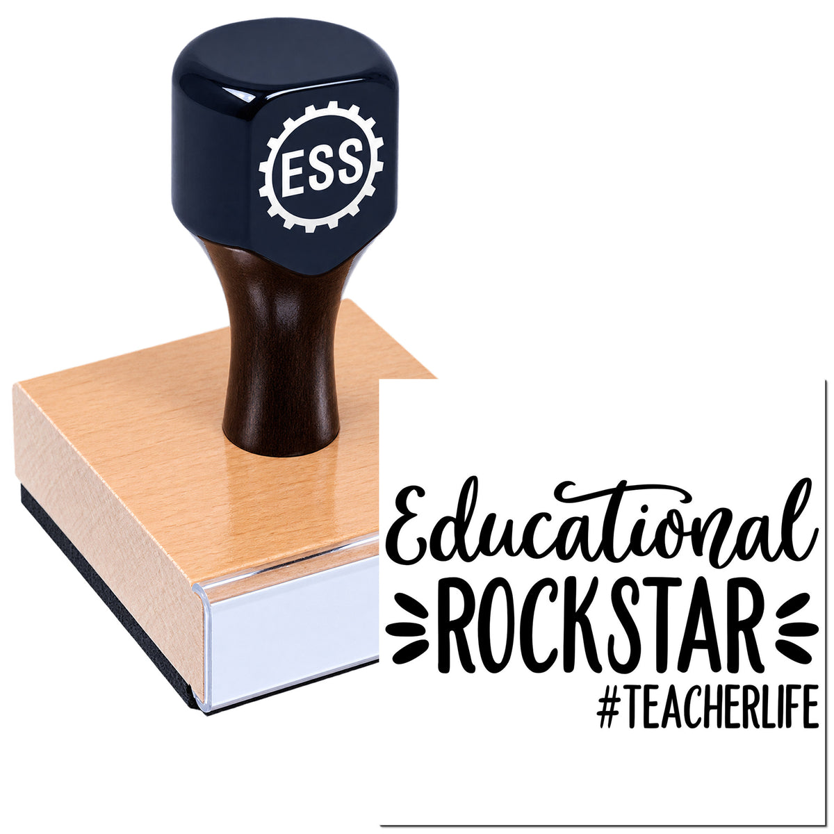 Black ESS teacher stamp on a wooden block, with gear logo and "Educational ROCKSTAR #TEACHERLIFE" design.