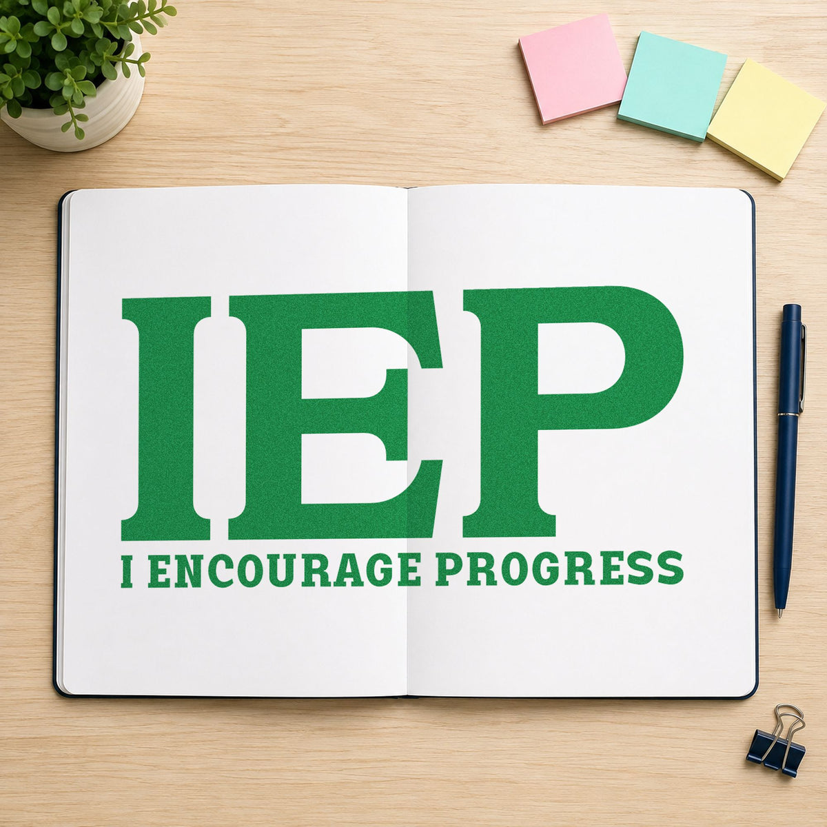IEP I Encourage Progress craft stamp imprint in green ink on a handmade project, one idea being progress log pages.