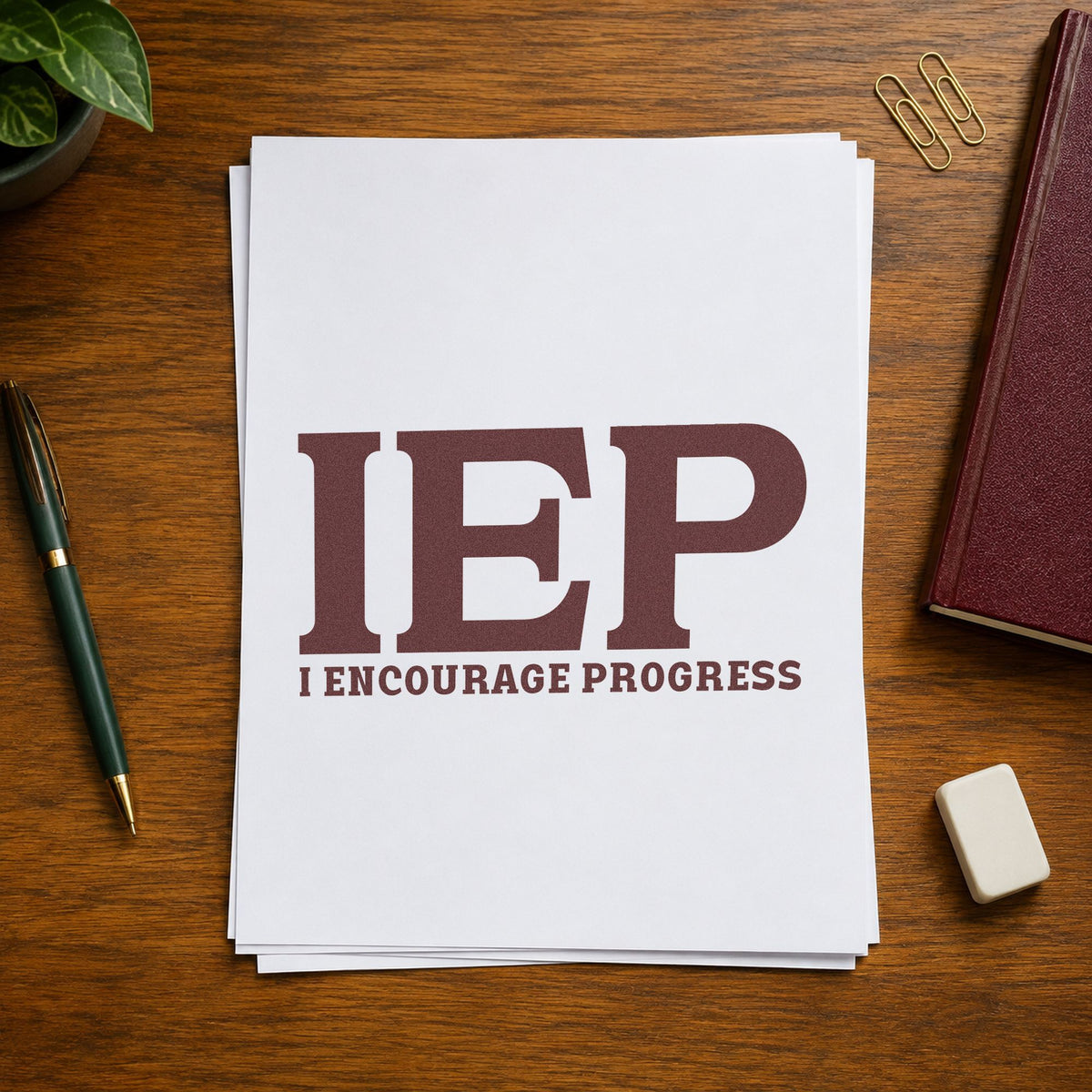 IEP I Encourage Progress rubber stamp printed in brown ink, ready for resource box labels and similar paper crafts.