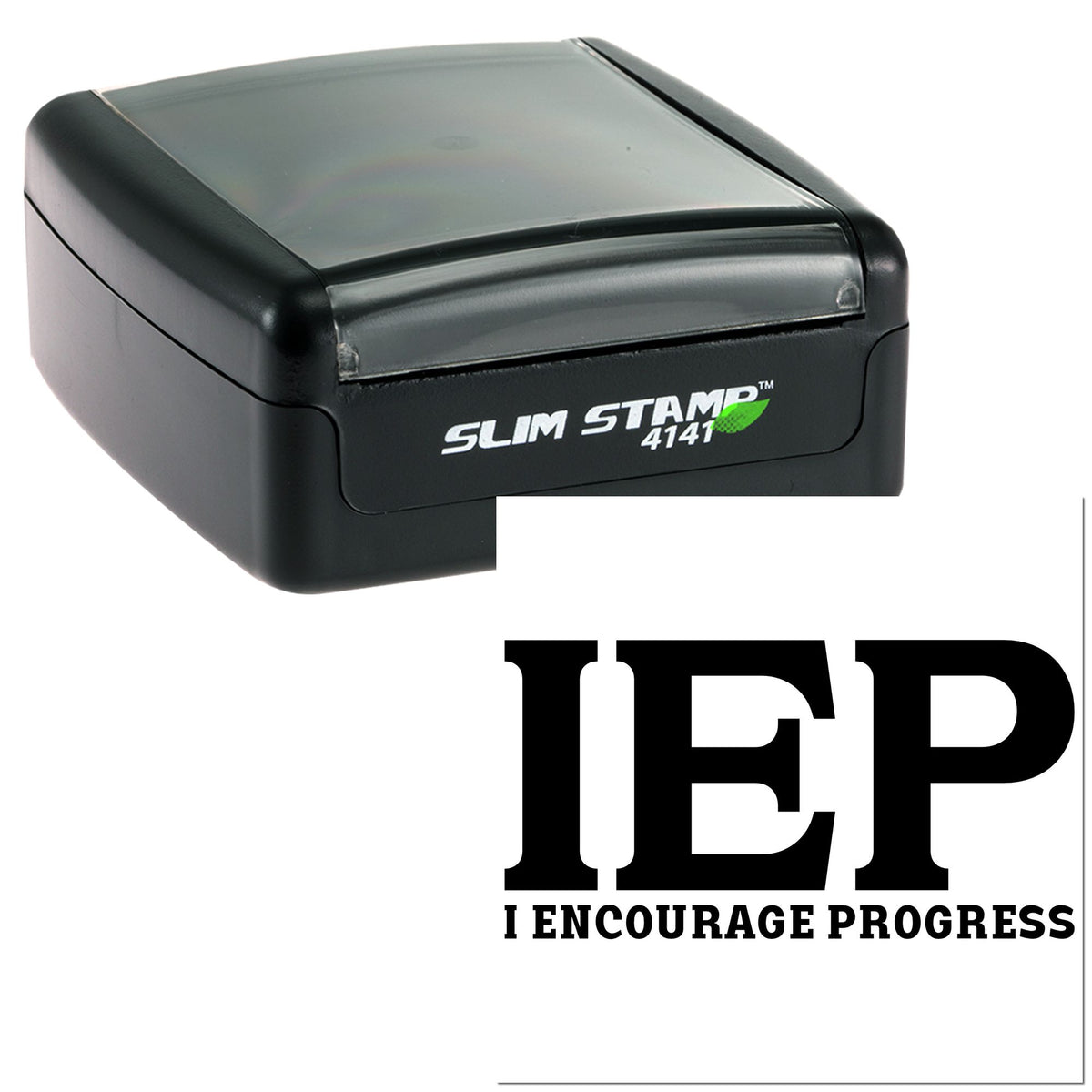 Black self-inking seal stamp with gray cover and IEP I Encourage Progress imprint on a white background.