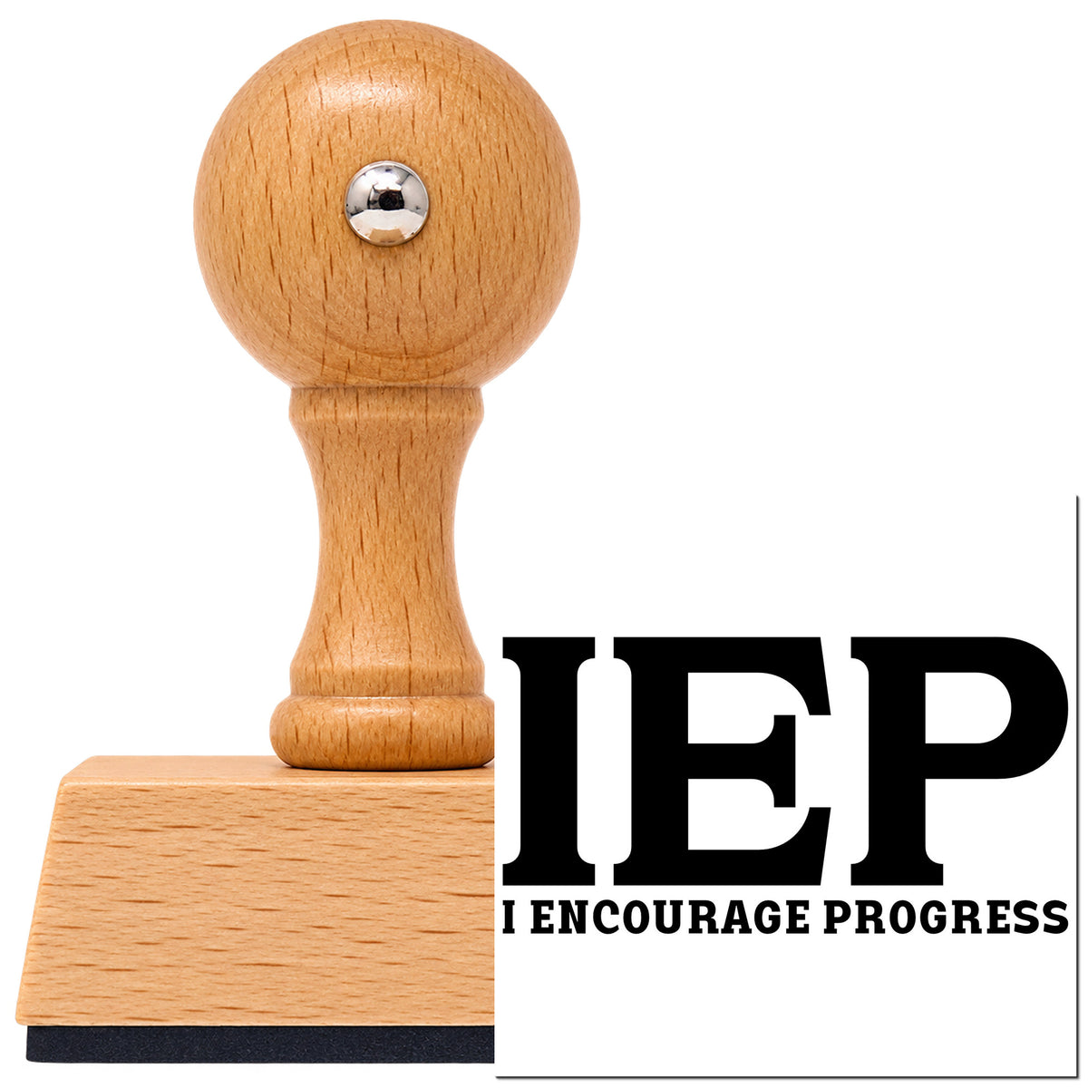 Vintage Pro beech wood stamp with a round knob handle, shown with its black IEP I Encourage Progress imprint on white.