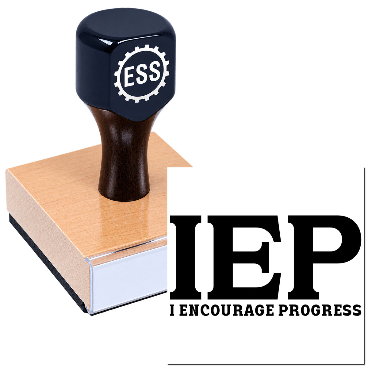 Black ESS stamp and seal on a pink wooden block, with IEP logo and I Encourage Progress text.