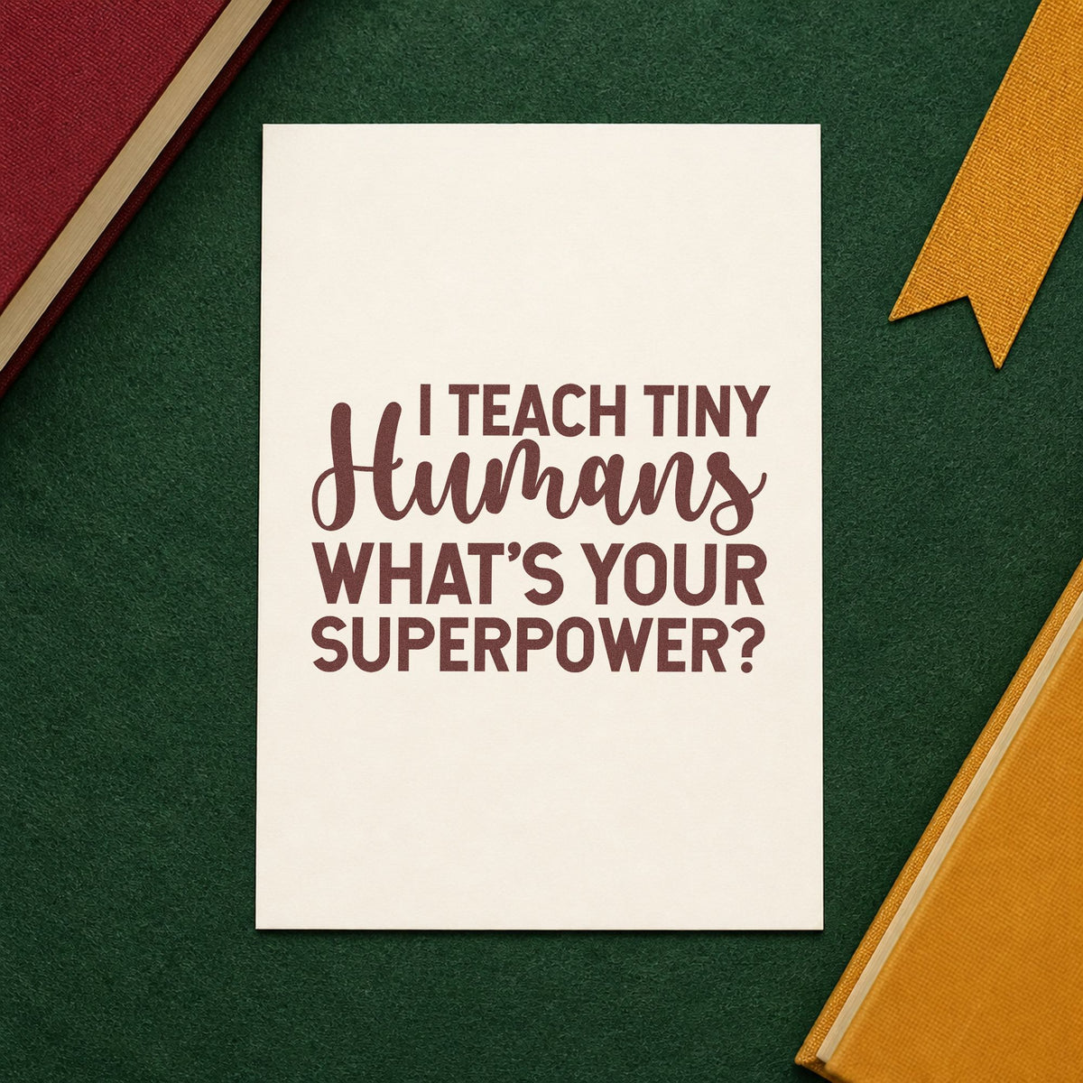 I Teach Tiny Humans rubber stamp printed in brown ink, ready for snack pot labels and similar paper crafts.