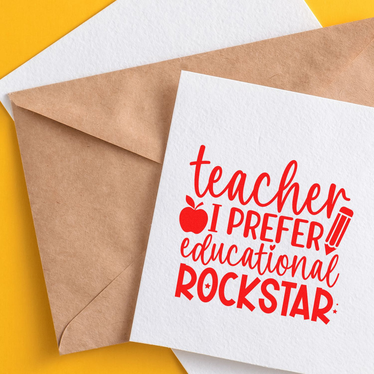 Red teacher stamp seal design on white card with brown envelope and yellow background, featuring apple and pencil icons.