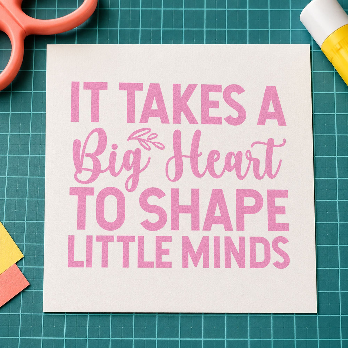 Big Heart Little Minds craft stamp in purple ink on cardstock, an easy option for reception gift tags.