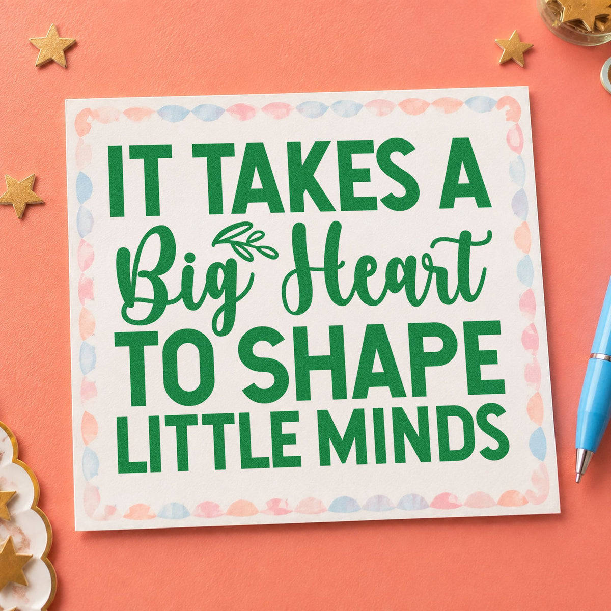 Big Heart Little Minds craft stamp imprint in green ink on a handmade project, one idea being phonics sheet pages.