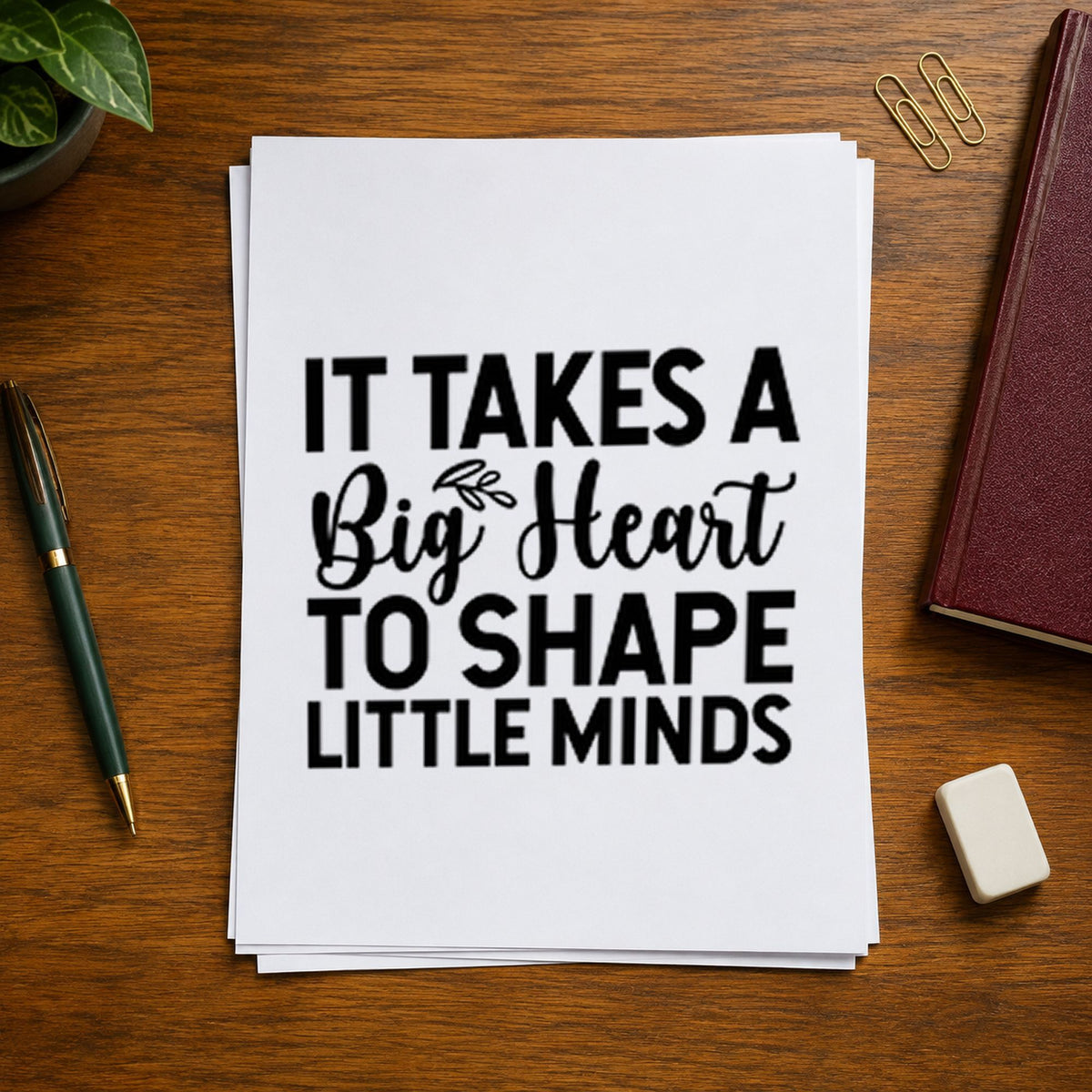Big Heart Little Minds rubber stamp printed in black ink, ready for capitals script cards and similar paper crafts.
