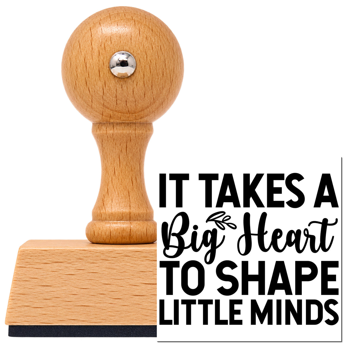 Vintage Pro beech wood stamp with a round knob handle, shown with its black Big Heart Little Minds imprint on white.