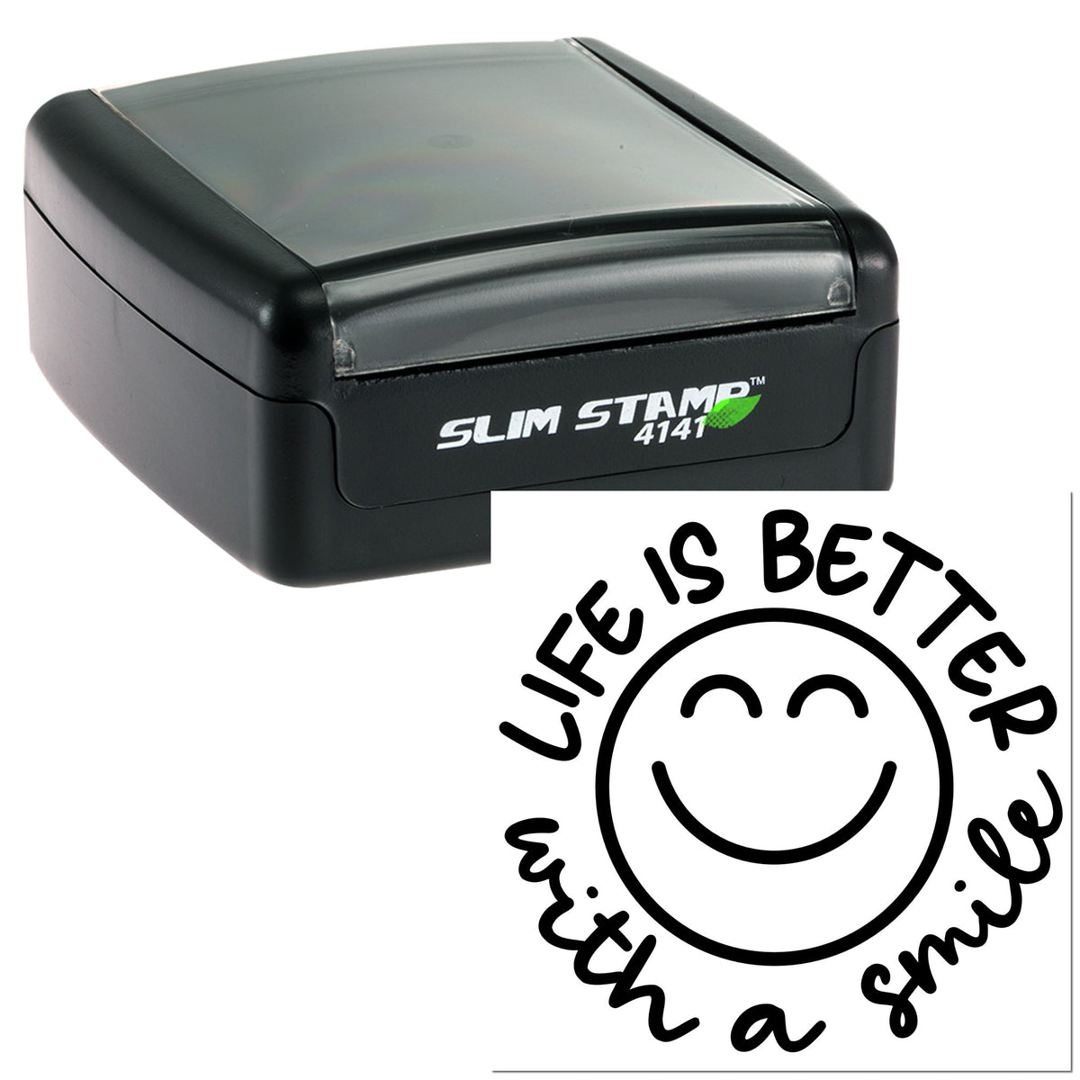Black Slim Stamp 4141 self-inking stamp with clear lid and circular Life Is Better seal on white background.