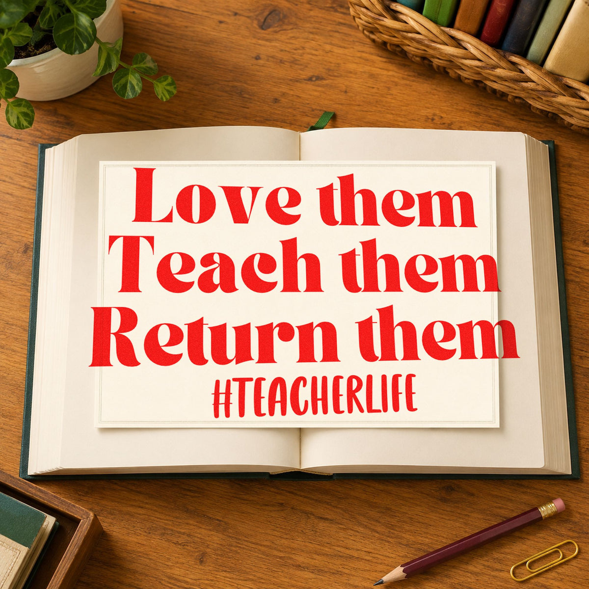 Love Teach Return Them rubber stamp shown in red ink, stamped for projects such as reading week notes.