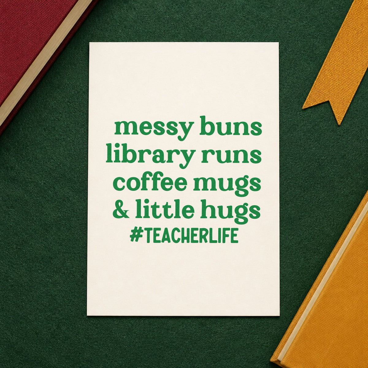 Messy Buns Library Runs craft stamp imprint in green ink on a handmade project, one idea being routine list pages.