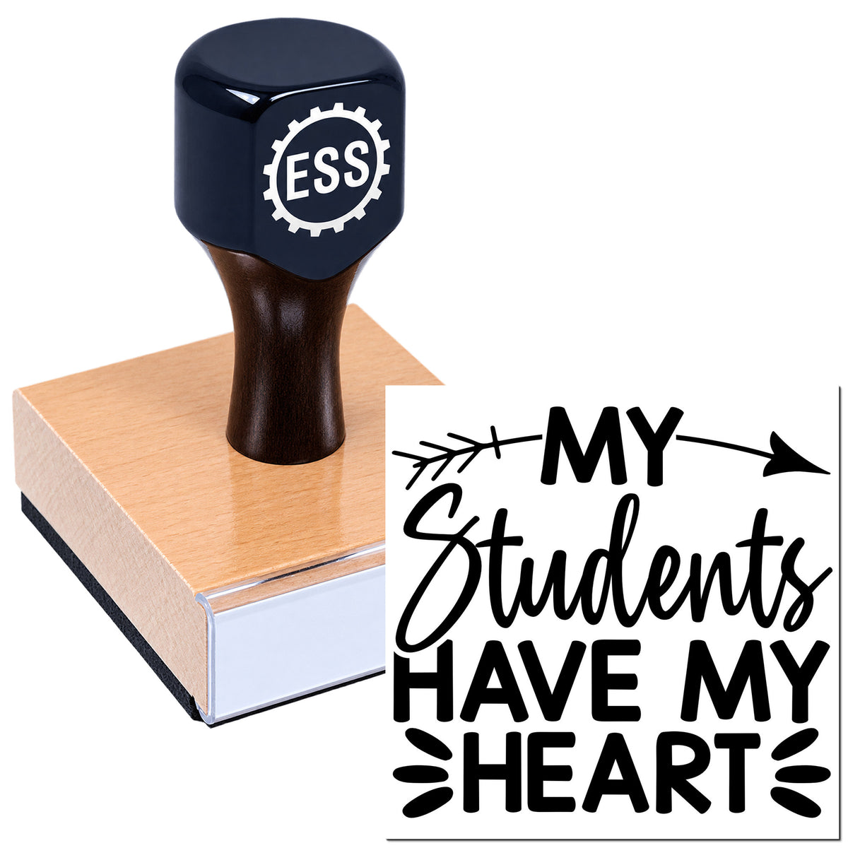 Dark navy custom stamp and seal on a copper-toned block beside black "My Students Have My Heart" text.