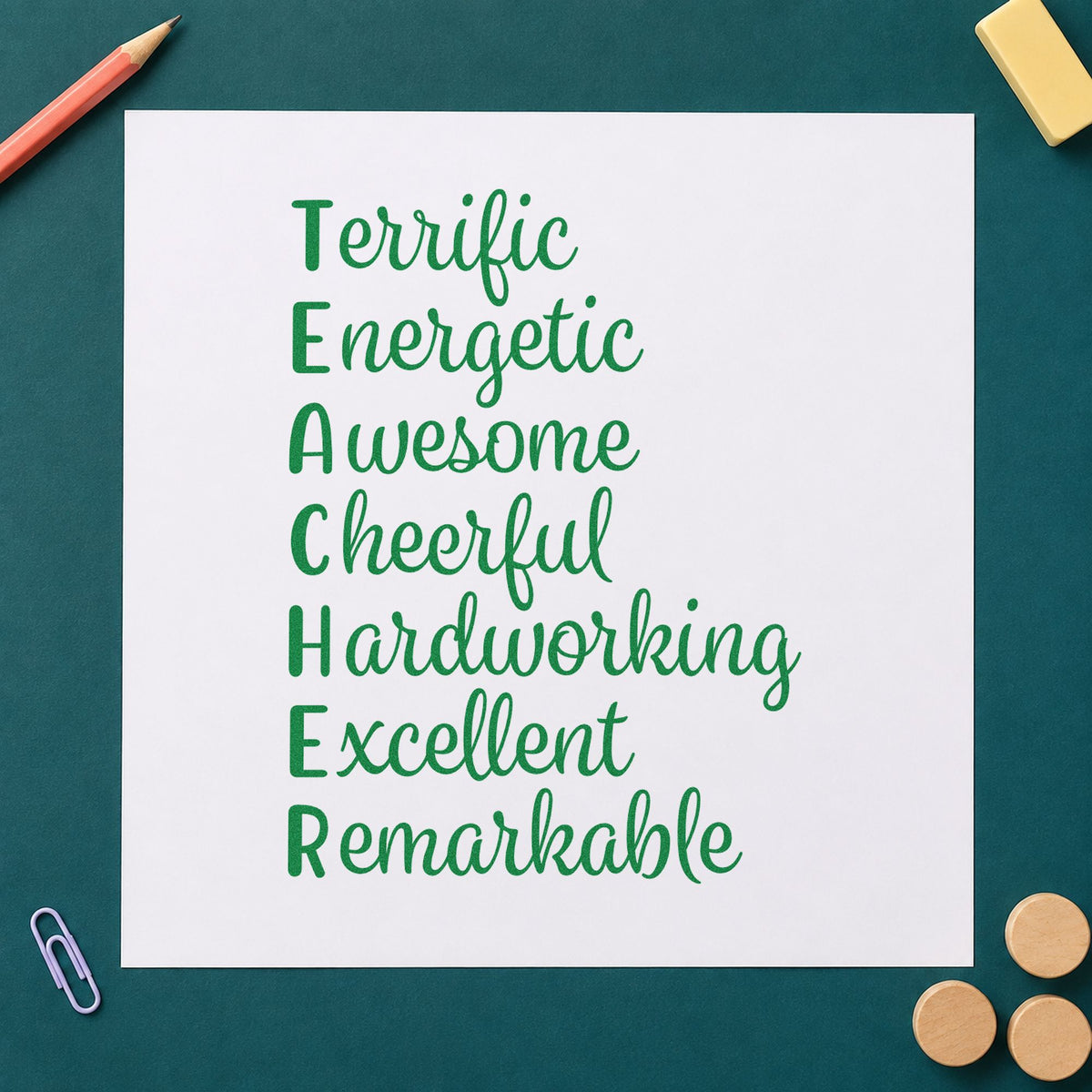 Teacher Positive Traits Acrostic craft stamp imprint in green ink on a handmade project, one idea being poetry unit pages.