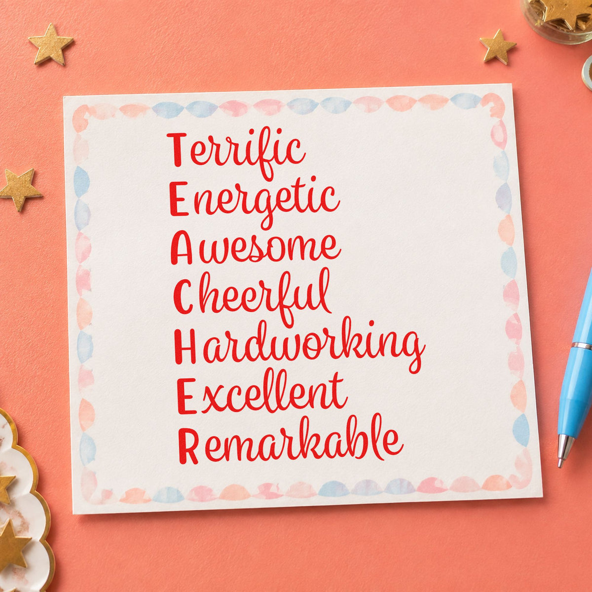 Teacher Positive Traits Acrostic rubber stamp shown in red ink, stamped for projects such as nomination day notes.