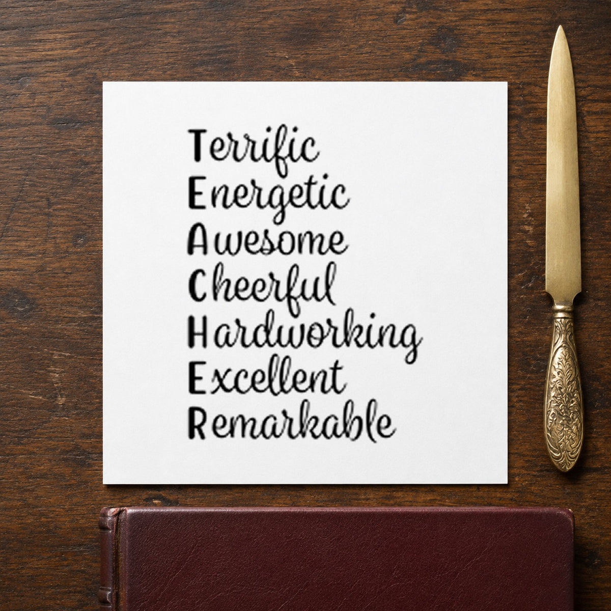 Teacher Positive Traits Acrostic rubber stamp printed in black ink, ready for acrostic word cards and similar paper crafts.
