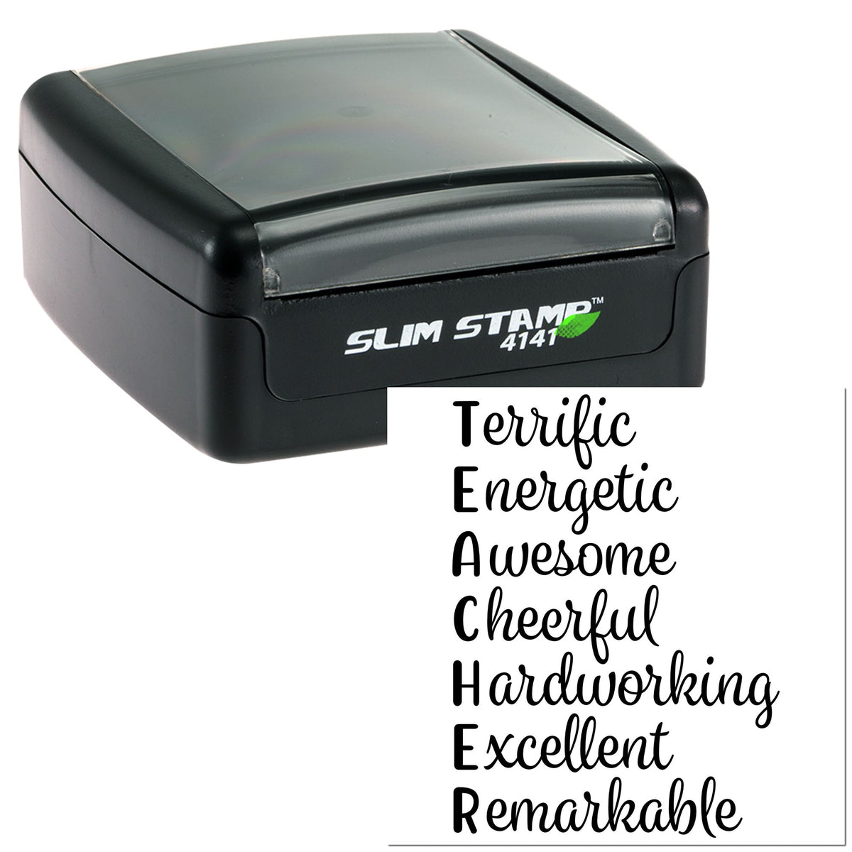 Black self-inking Slim Stamp 4141, black and gray, beside white seal sheet with bold script words Terrific, Energetic, Awesome