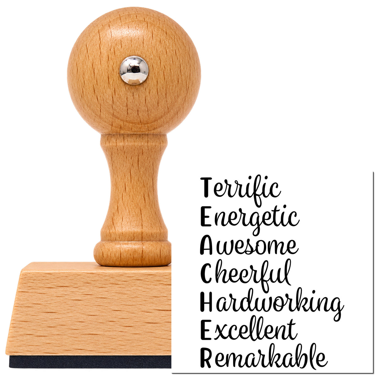 Vintage Pro beech wood stamp with a round knob handle, shown with its black Terrific Energetic Teacher Acrostic imprint on white.
