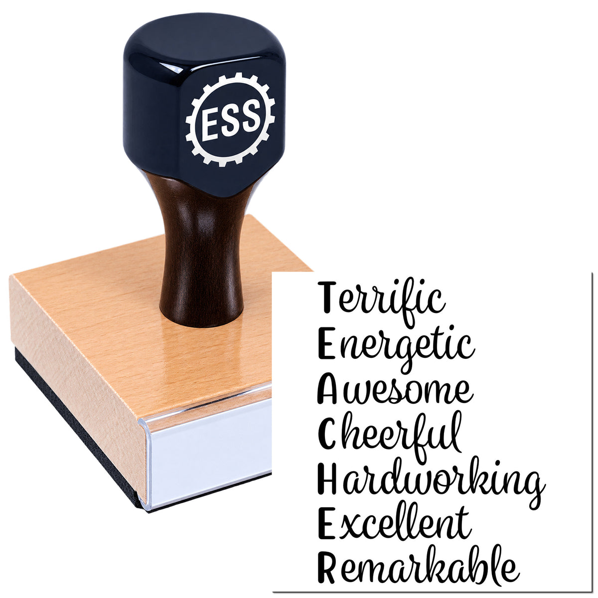Black ESS rubber stamp and pink seal block with motivational words on white background.
