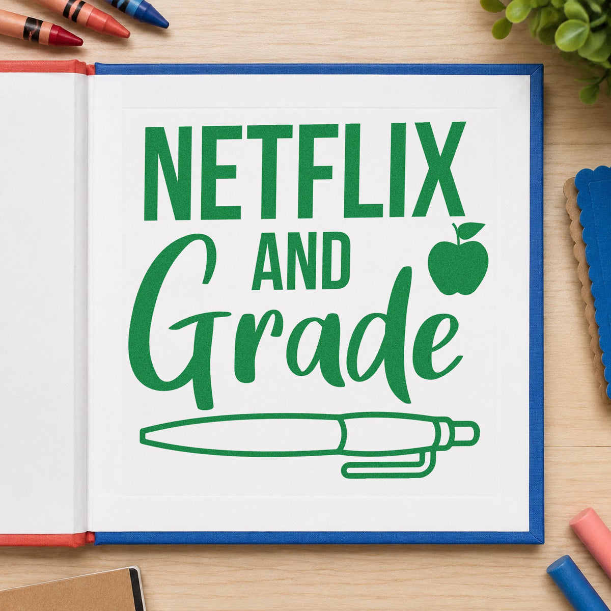 Netflix And Grade Pen craft stamp imprint in green ink on a handmade project, one idea being watchlist log pages.